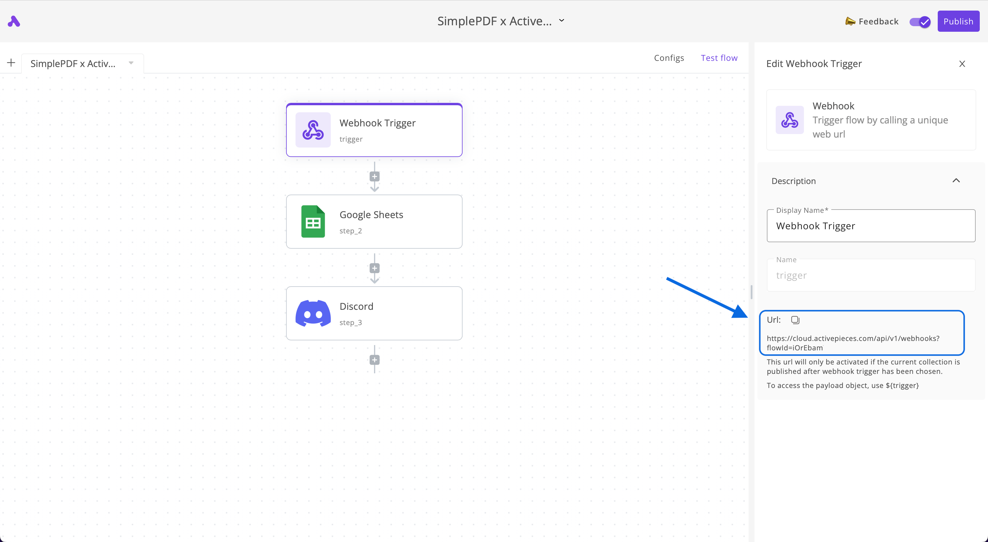 Copying the webhook URL in Activepieces