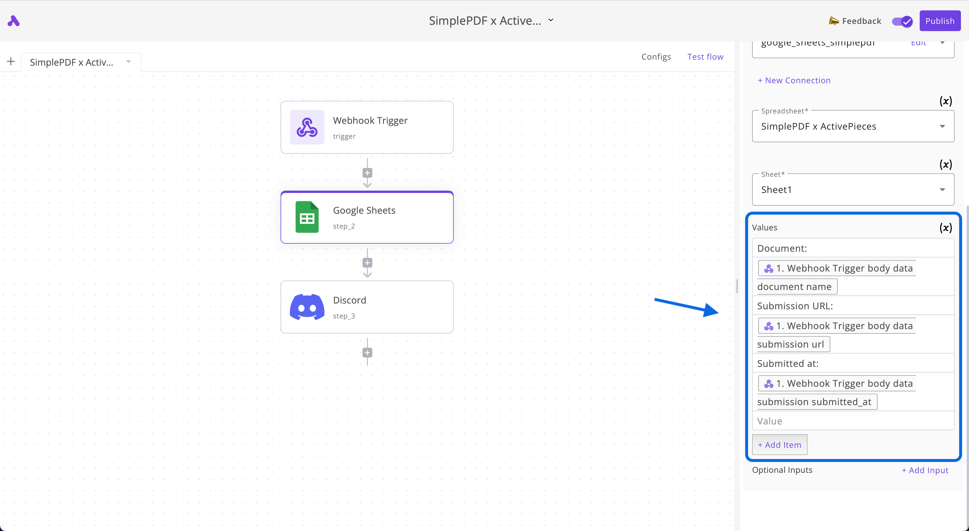 Configuring Google Sheets rows with the PDF form submission details