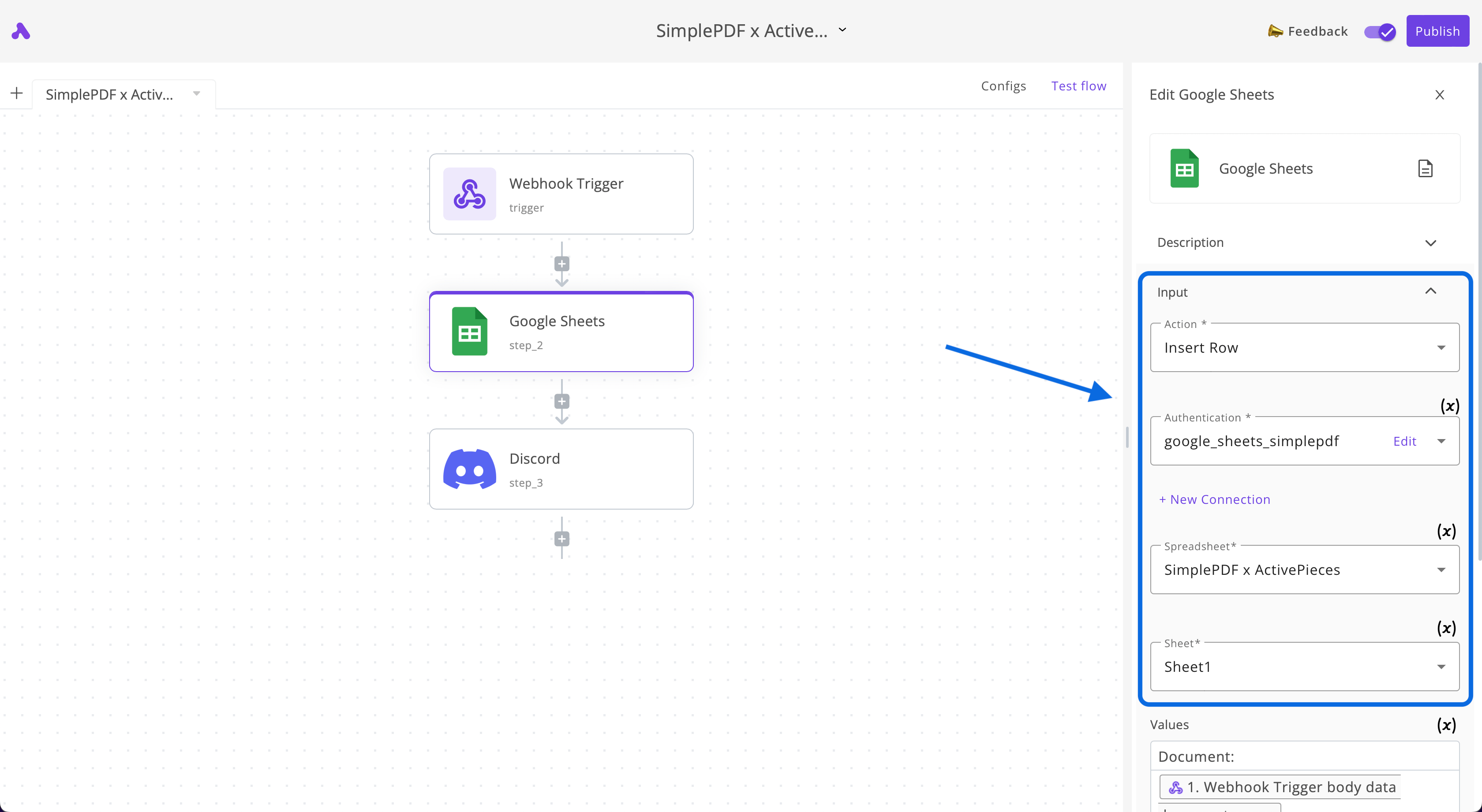 Configuring Google Sheets to send SimplePDF PDF submissions