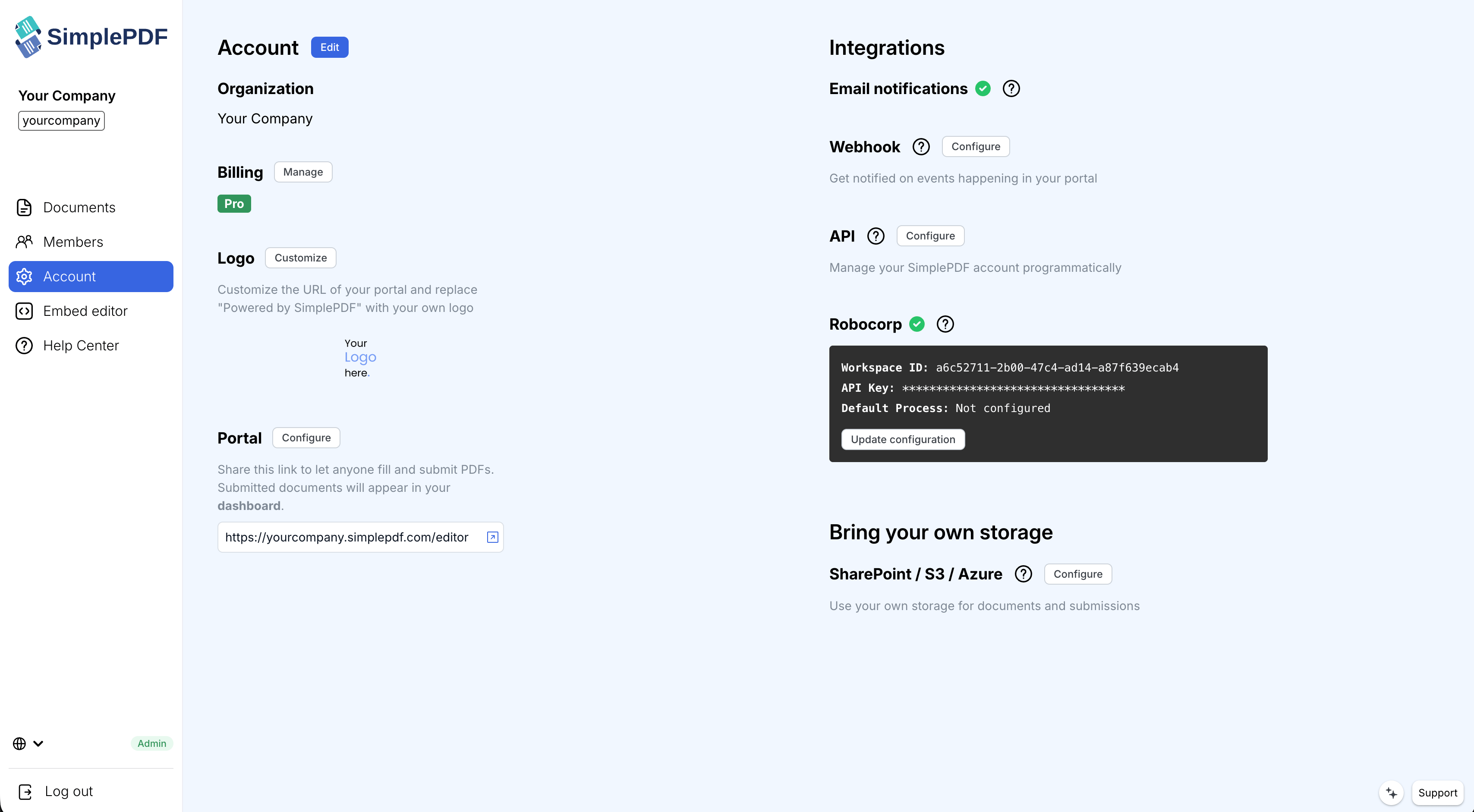 The SimplePDF account page with the Billing section and its Manage button