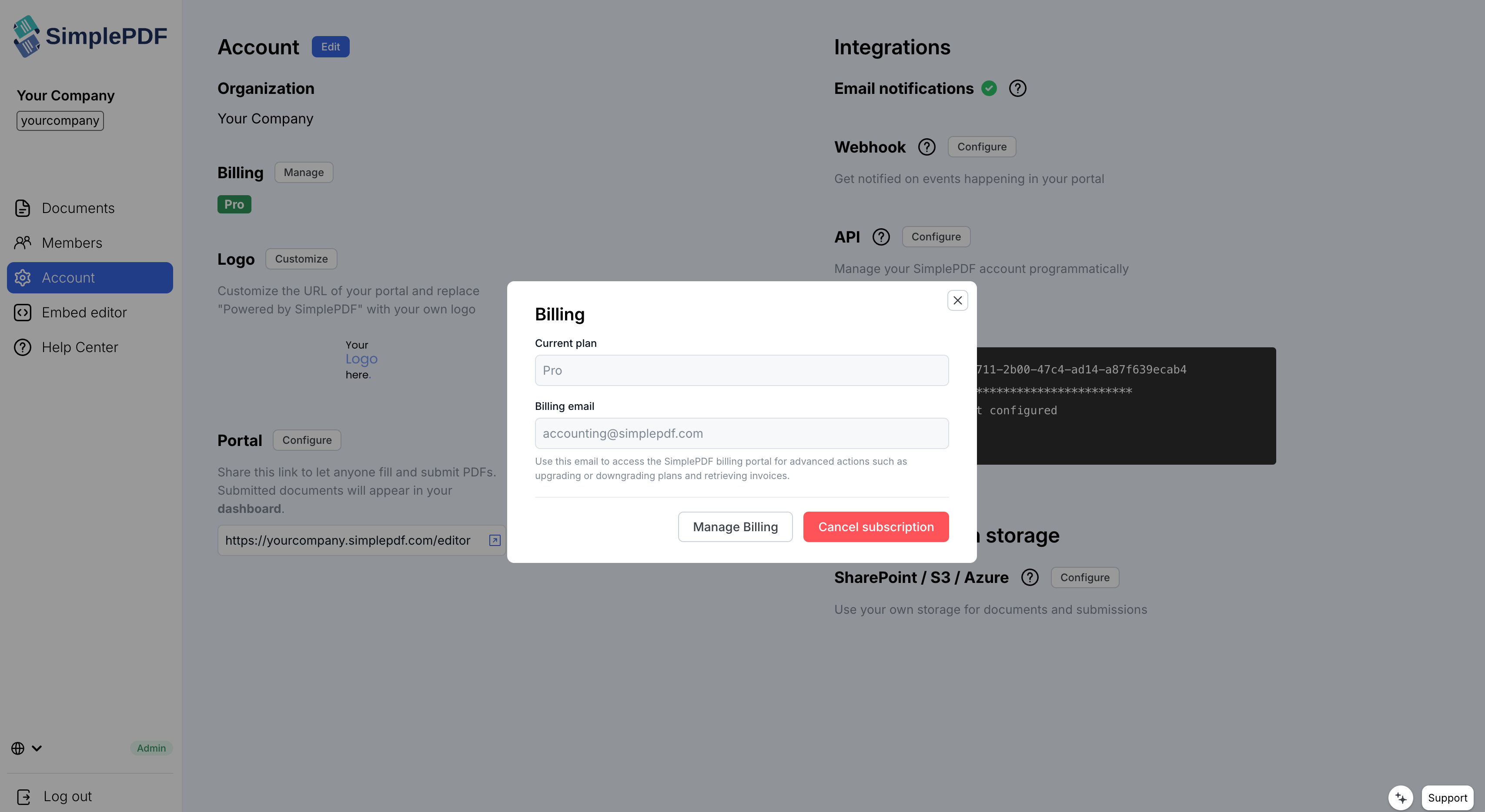 The Billing modal with the Cancel subscription button