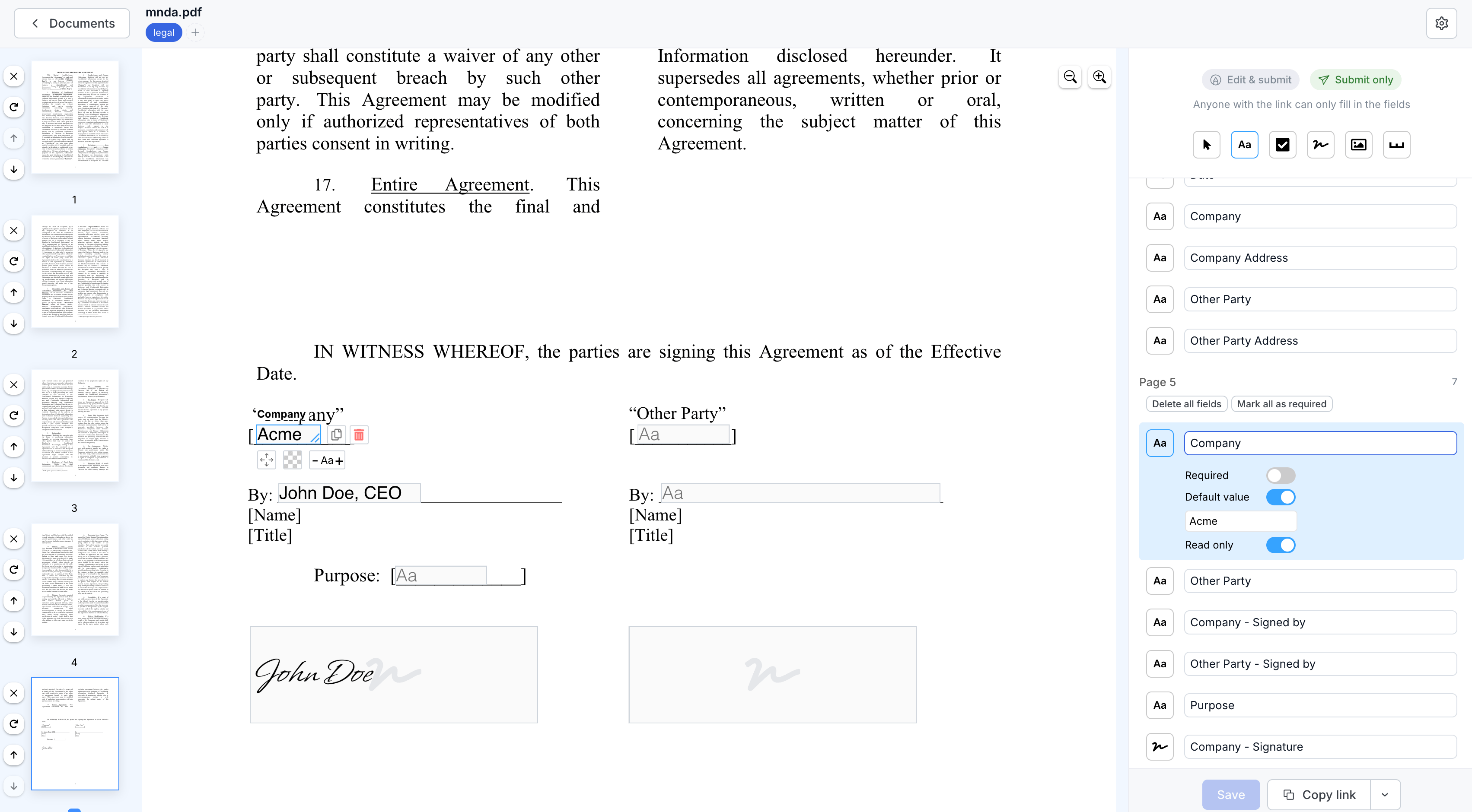 Setting a default value and marking a PDF form field read-only in the SimplePDF editor