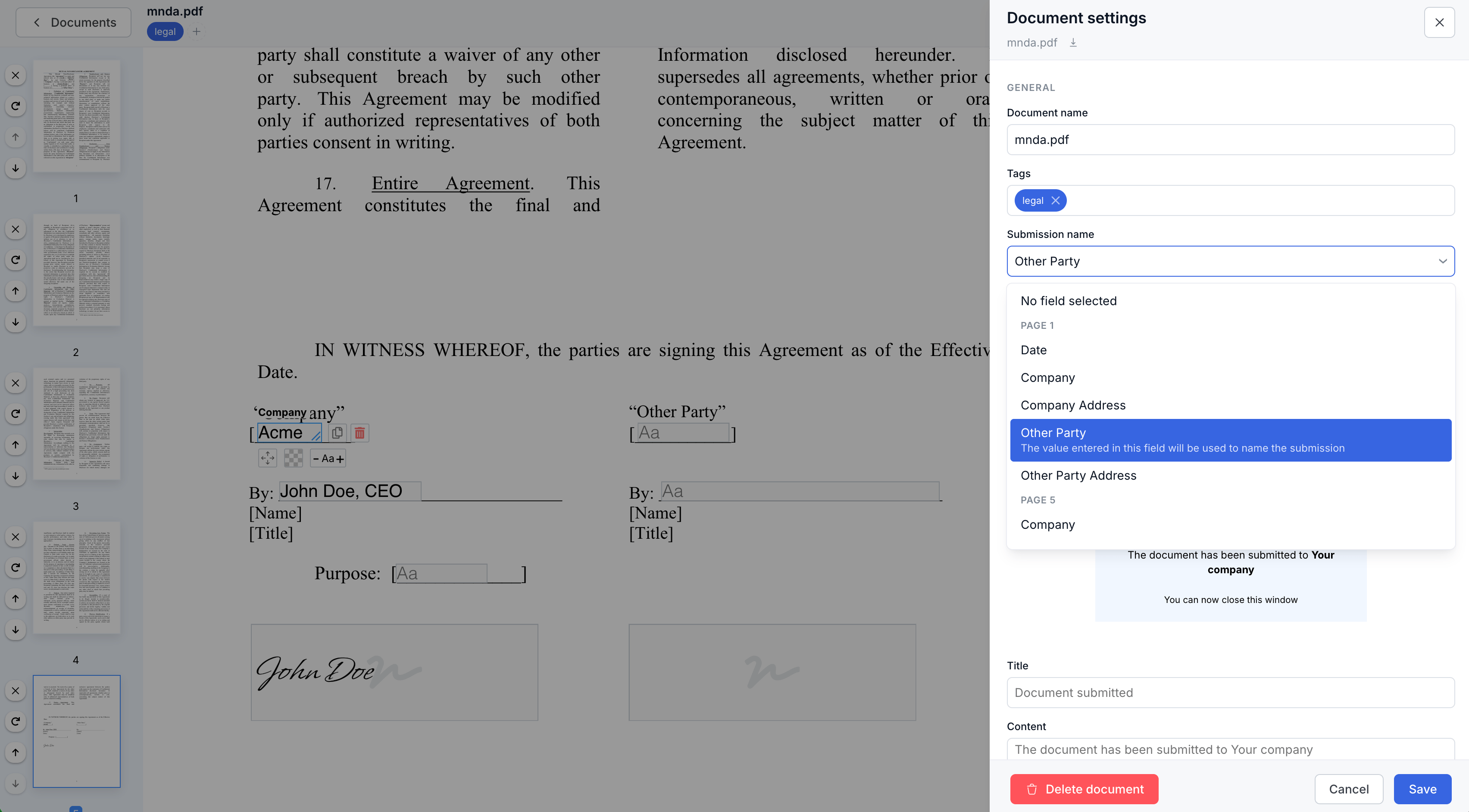 Choosing which field names each submission in the SimplePDF document settings