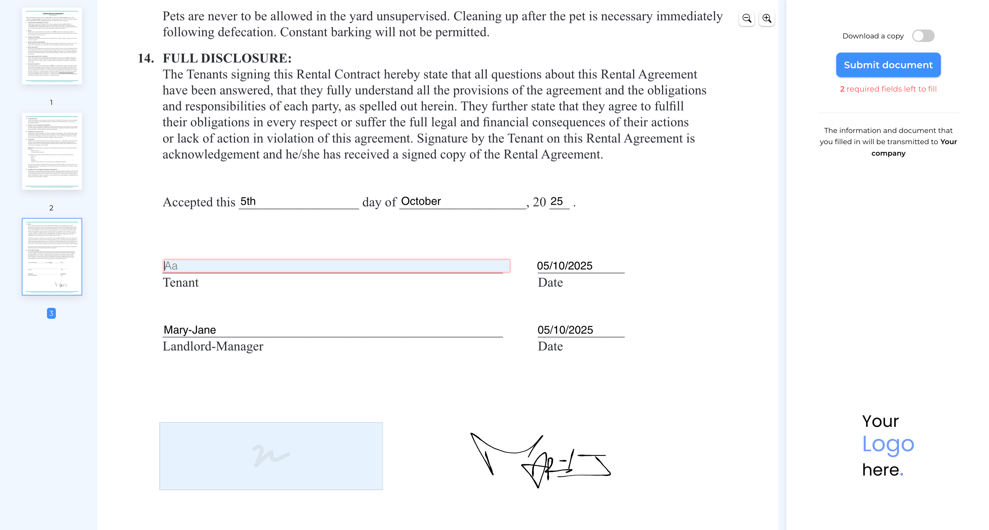 Submitting a form with required fields