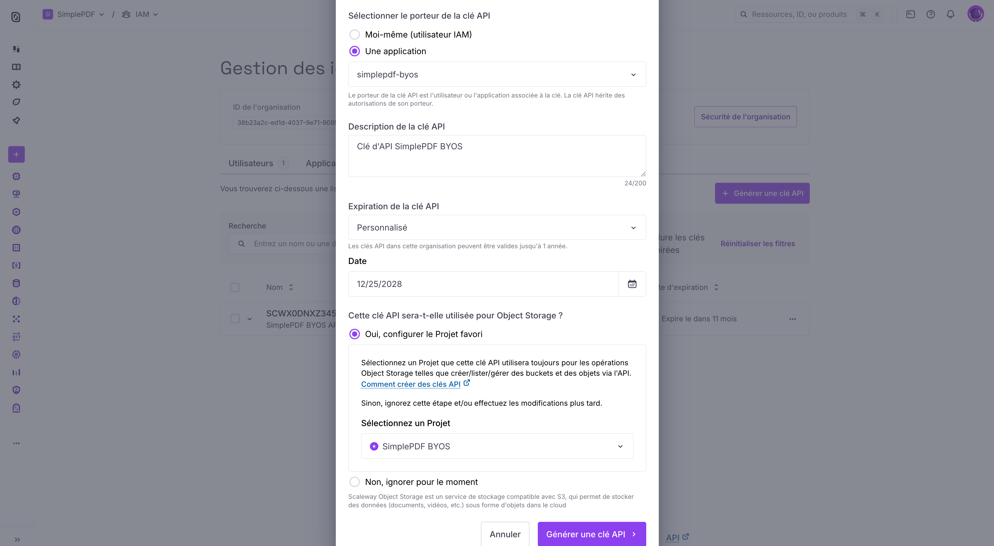 Formulaire Générer une clé d'API Scaleway avec l'application simplepdf-byos comme porteur et le Projet favori Object Storage sélectionné