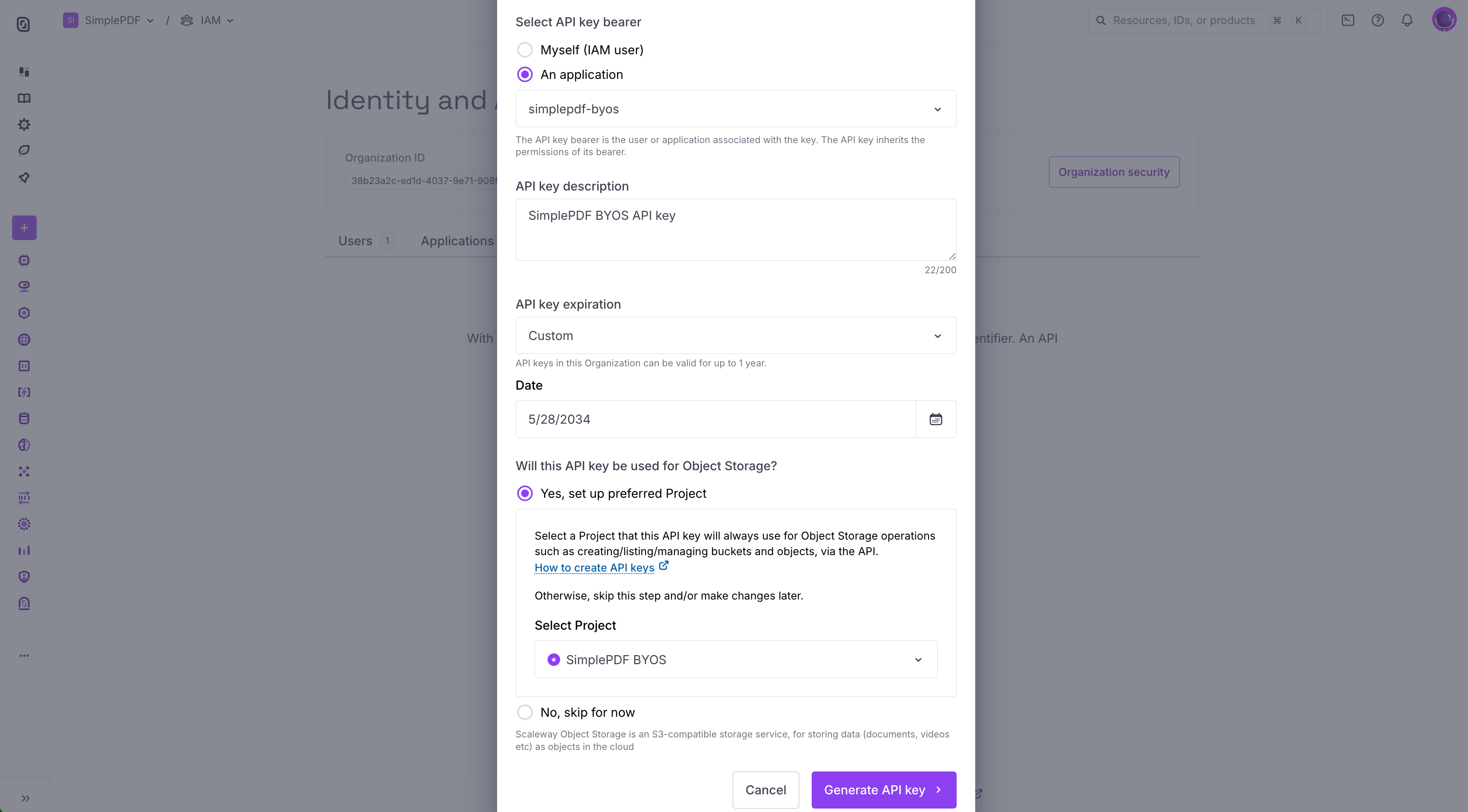Scaleway Generate API key form with simplepdf-byos application as bearer and Object Storage preferred Project selected