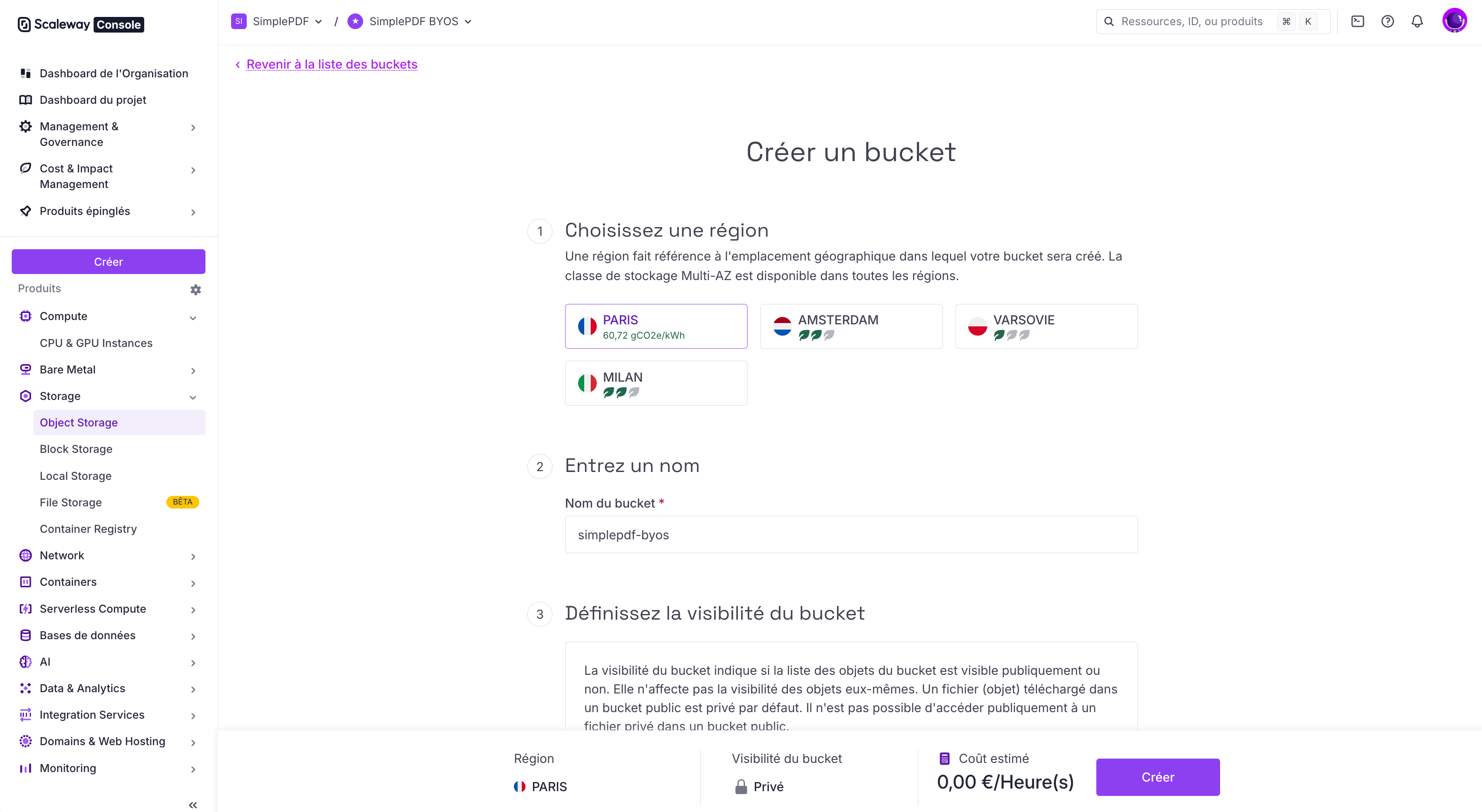 Formulaire de création de bucket Scaleway Object Storage avec sélecteur de région