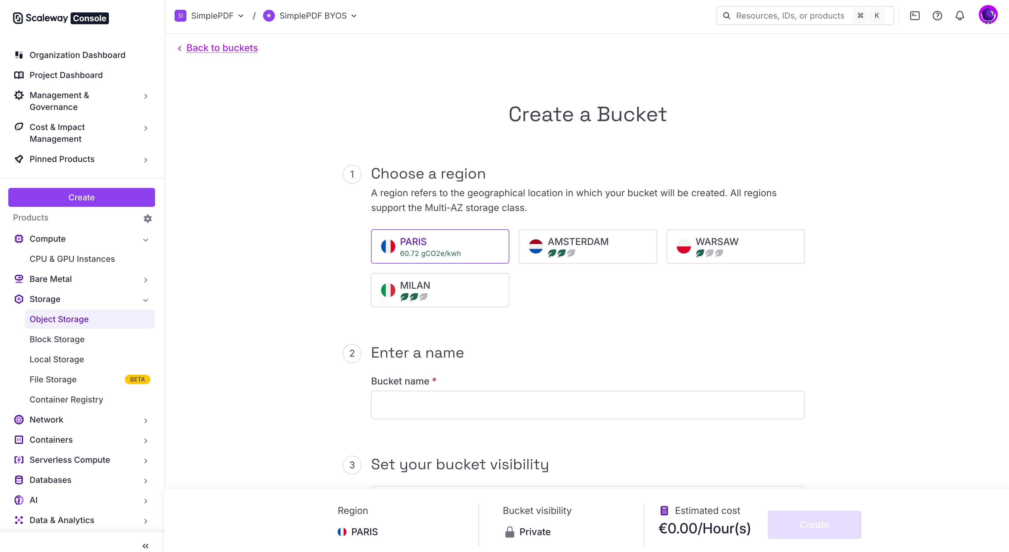 Scaleway Object Storage create-a-bucket form with region picker