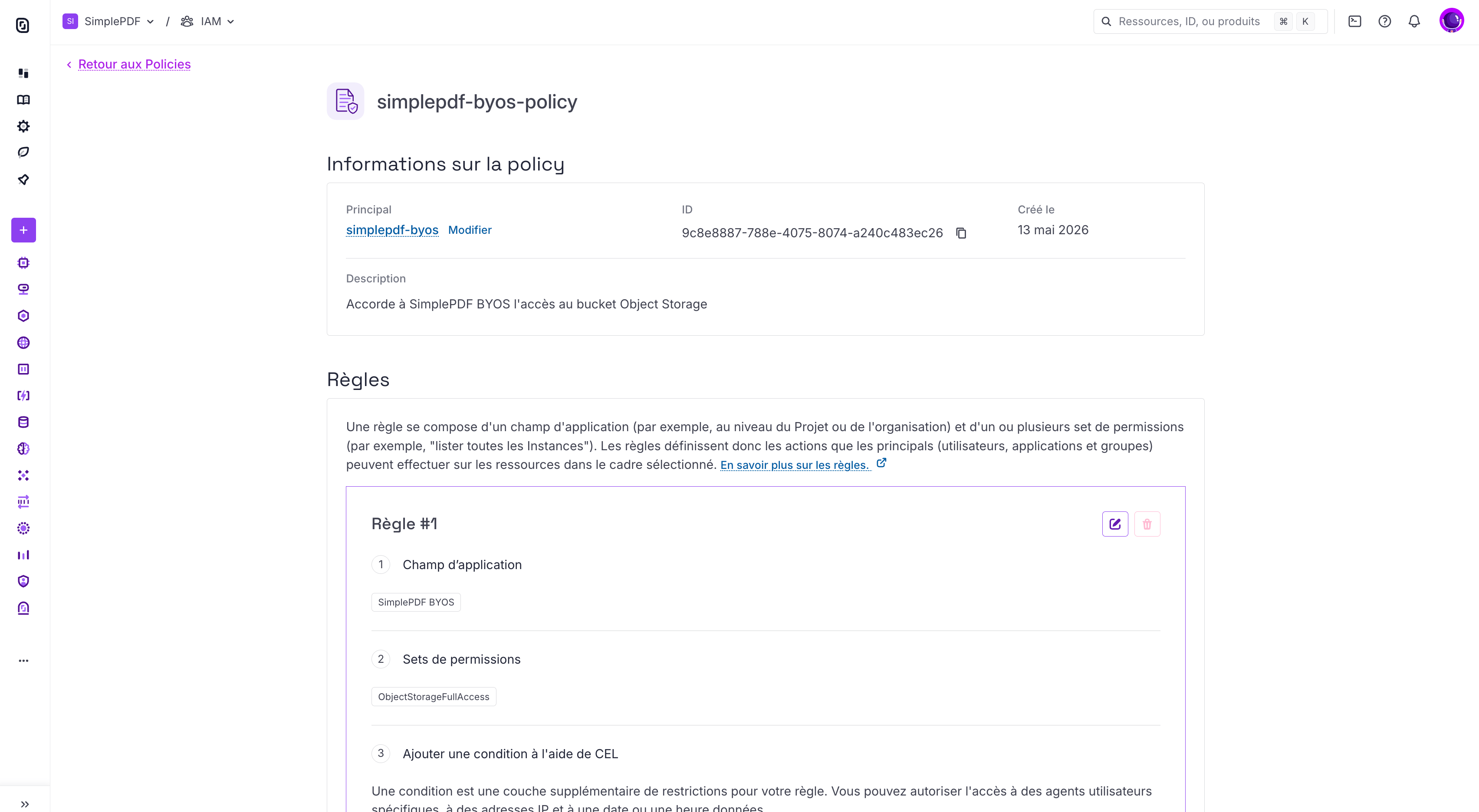 Politique IAM Scaleway liée à l'application simplepdf-byos avec ObjectStorageFullAccess sur un seul Projet