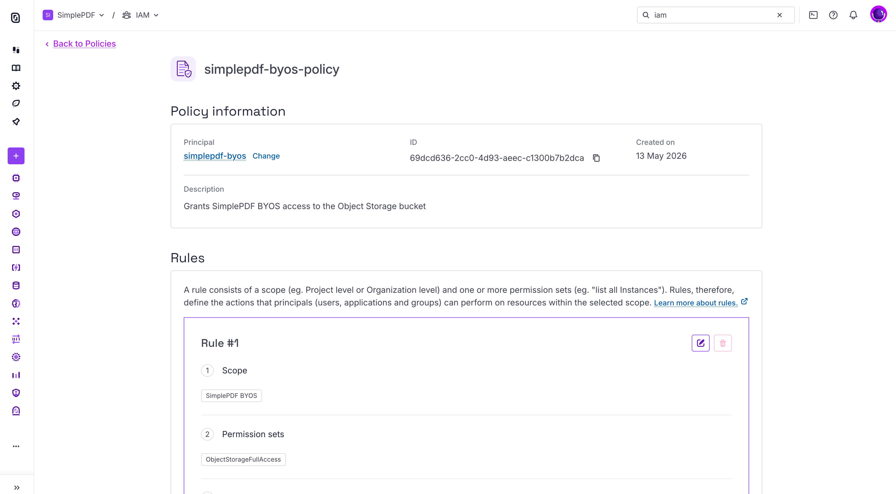 Scaleway IAM policy bound to the simplepdf-byos application with ObjectStorageFullAccess on a single Project