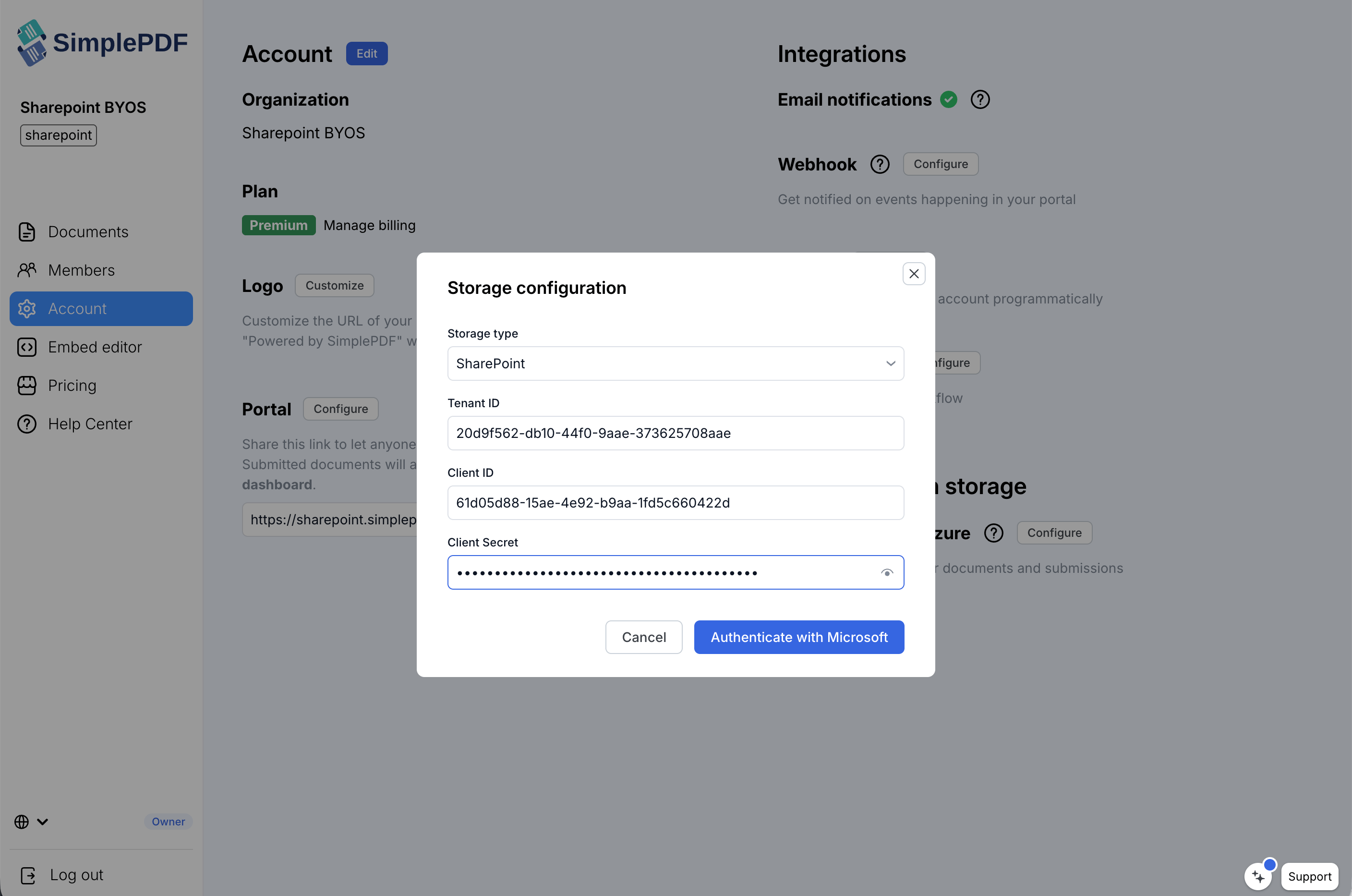 SimplePDFでのSharePoint資格情報
