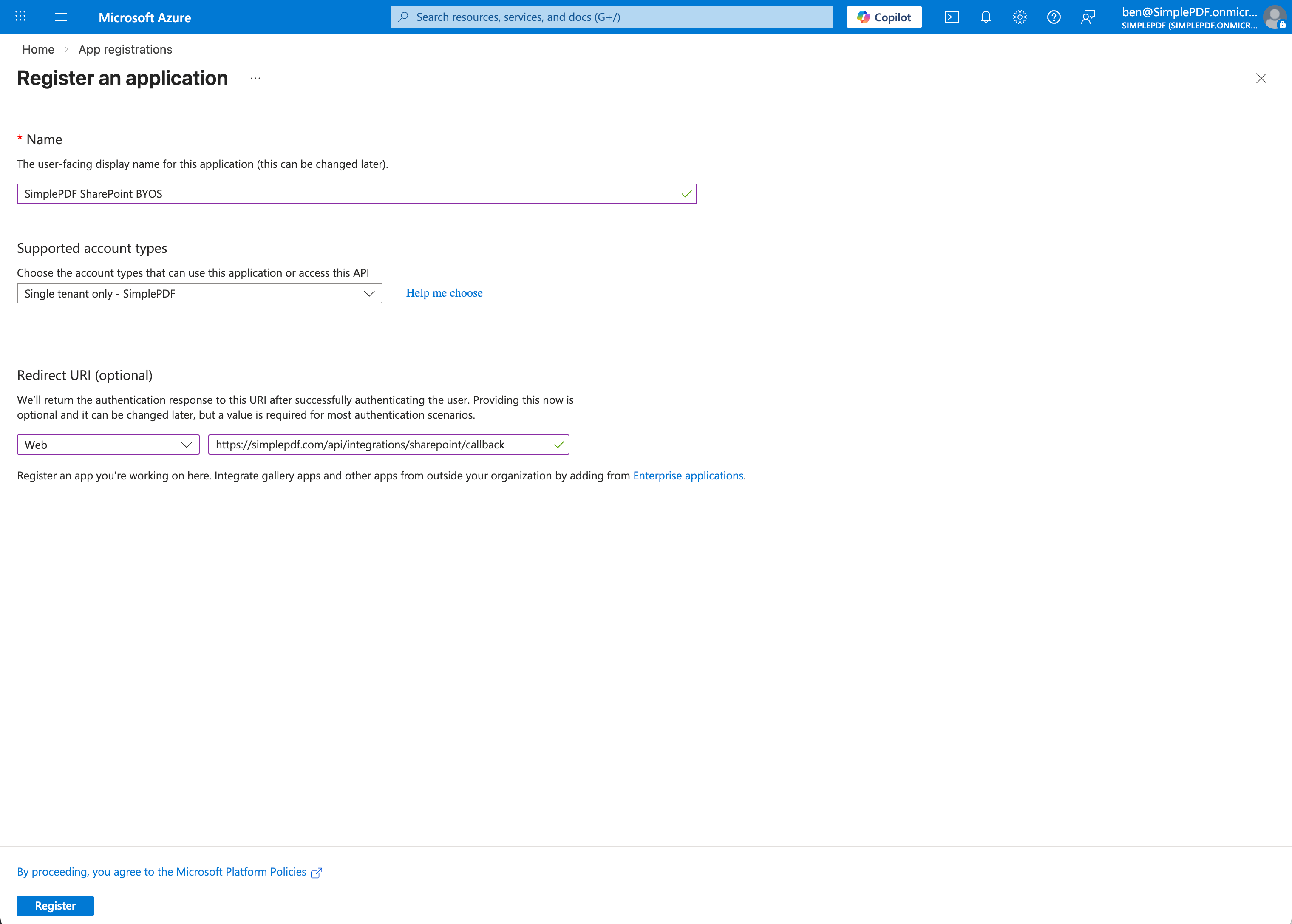 Entra IDアプリ登録フォーム