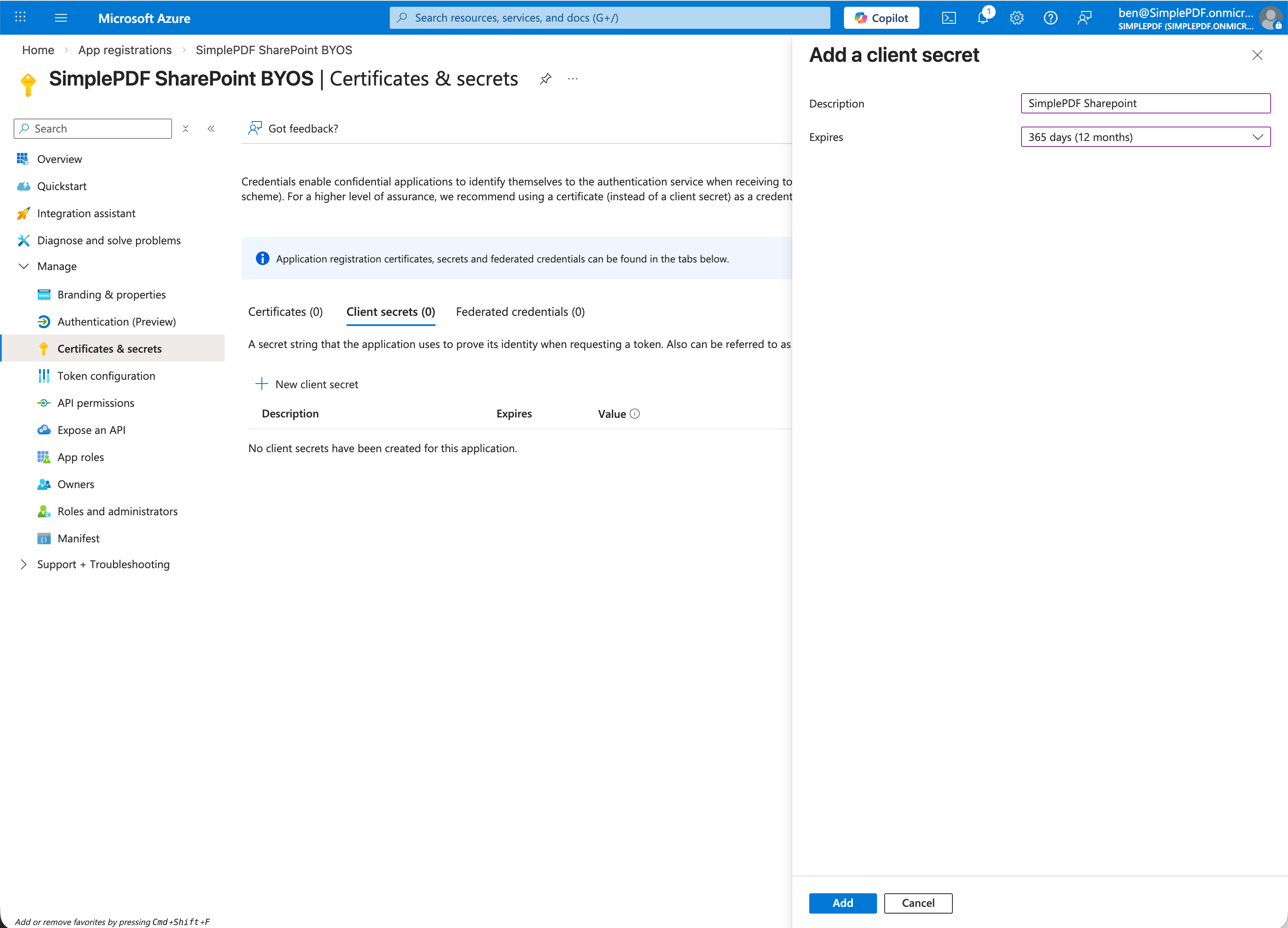Entra IDクライアントシークレットの作成