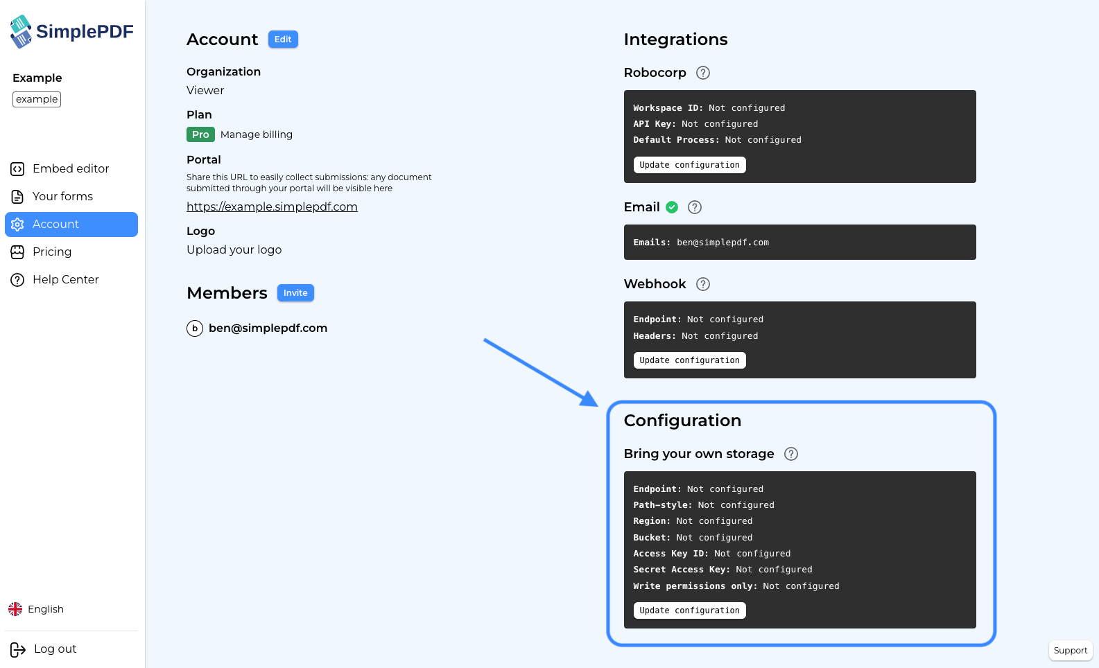 Custom S3 configuration in the account view