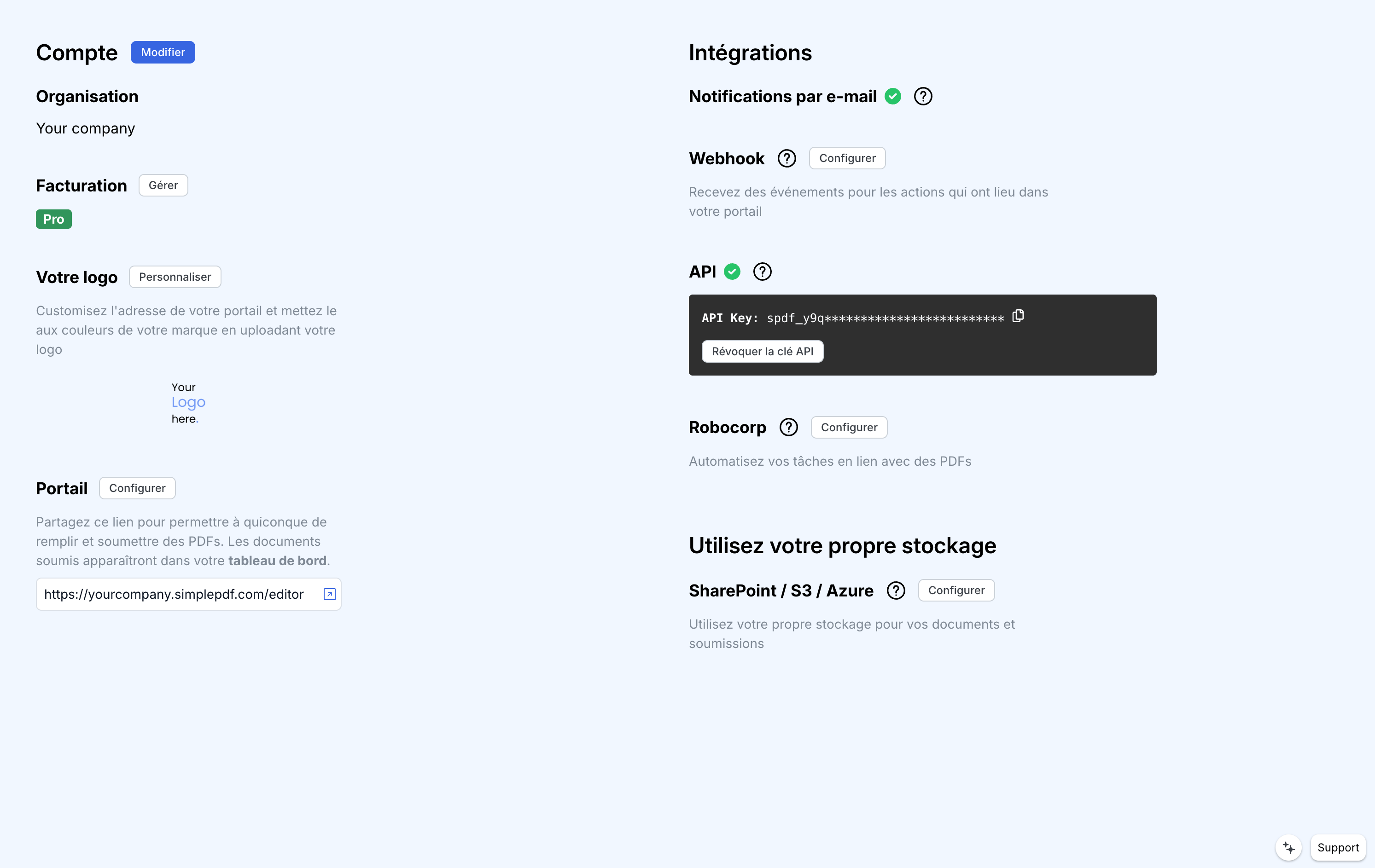 Paramètres du compte SimplePDF affichant la section Bring your own storage