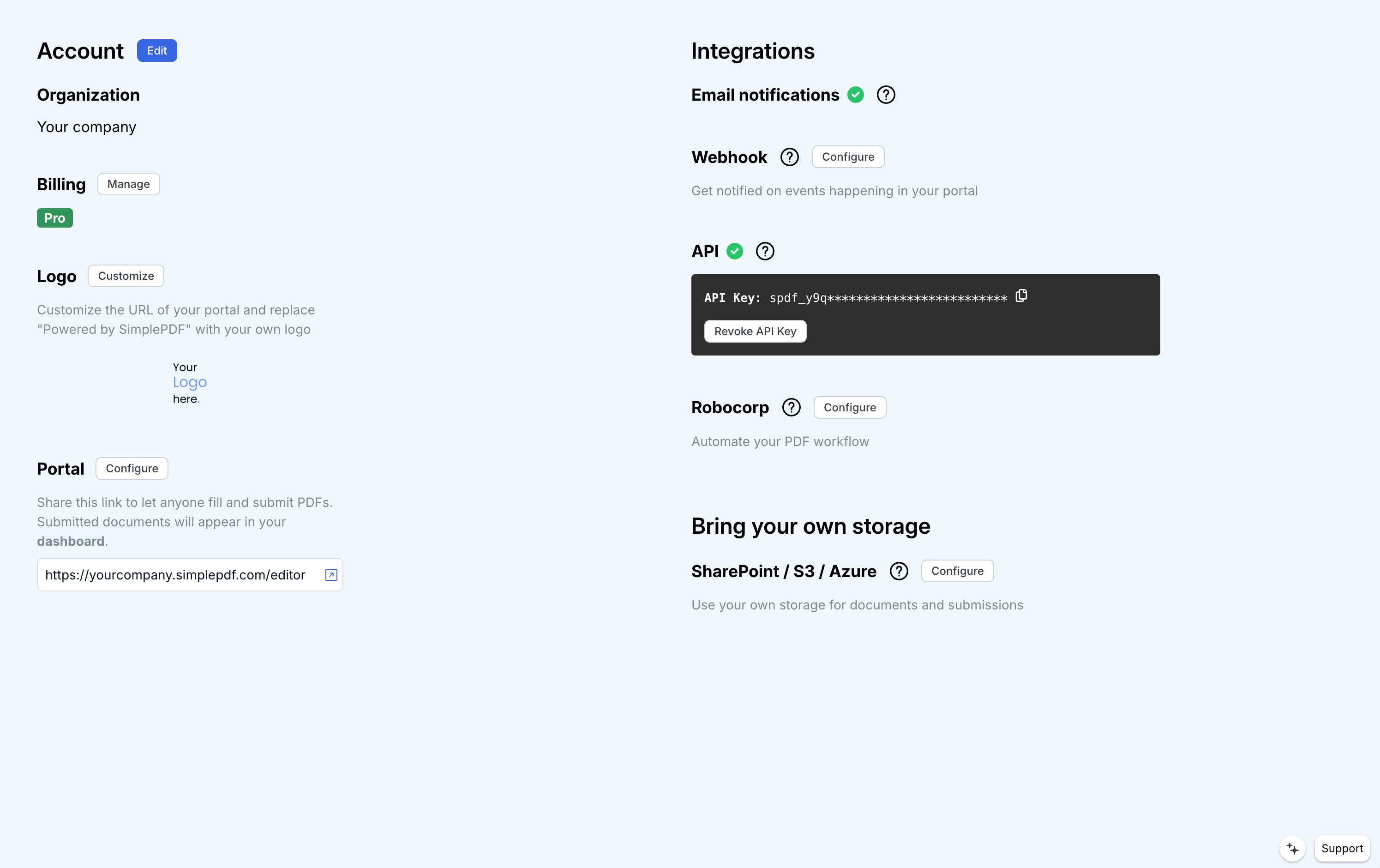 SimplePDF account settings showing the Bring your own storage section