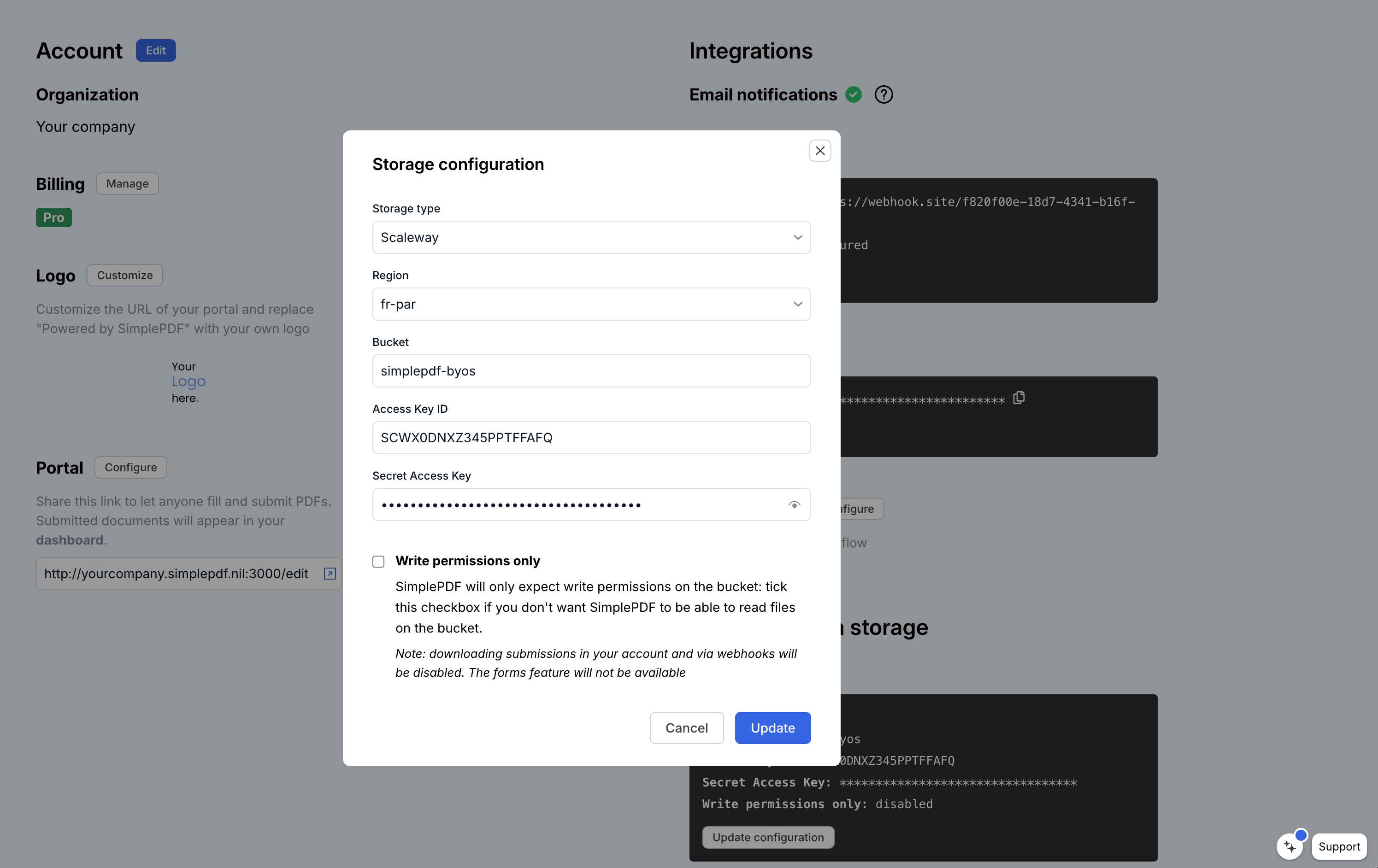 SimplePDF storage configuration modal with Scaleway selected, fr-par region, bucket and keys filled in