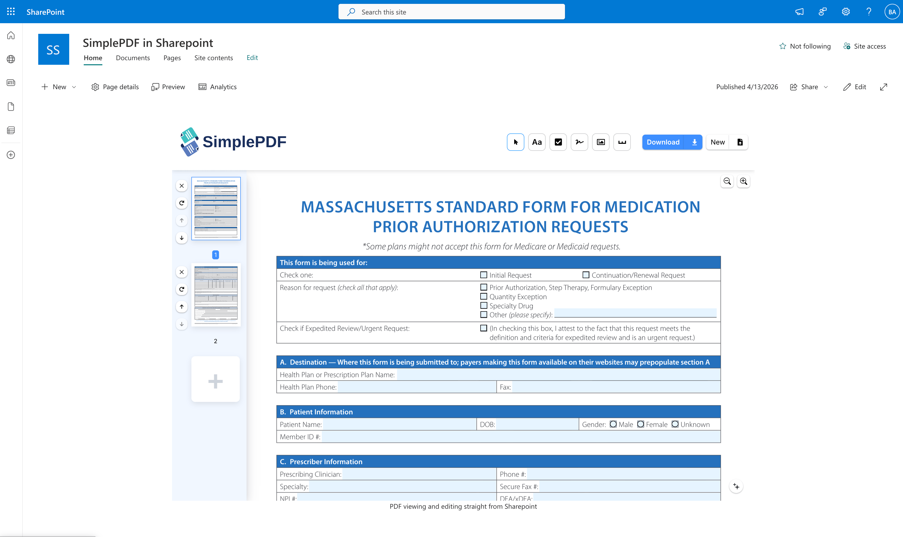 Éditeur SimplePDF intégré dans une page SharePoint