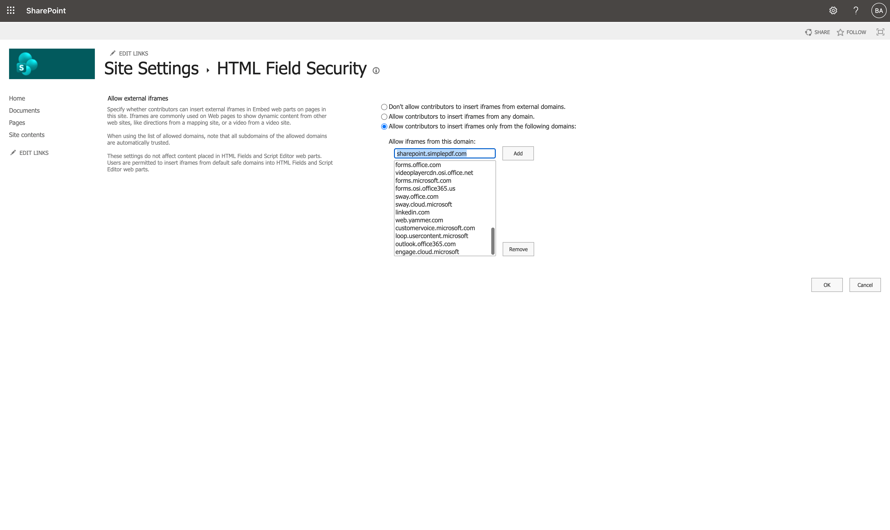 Ajout de sharepoint.simplepdf.com à la liste d'autorisation de sécurité des champs HTML