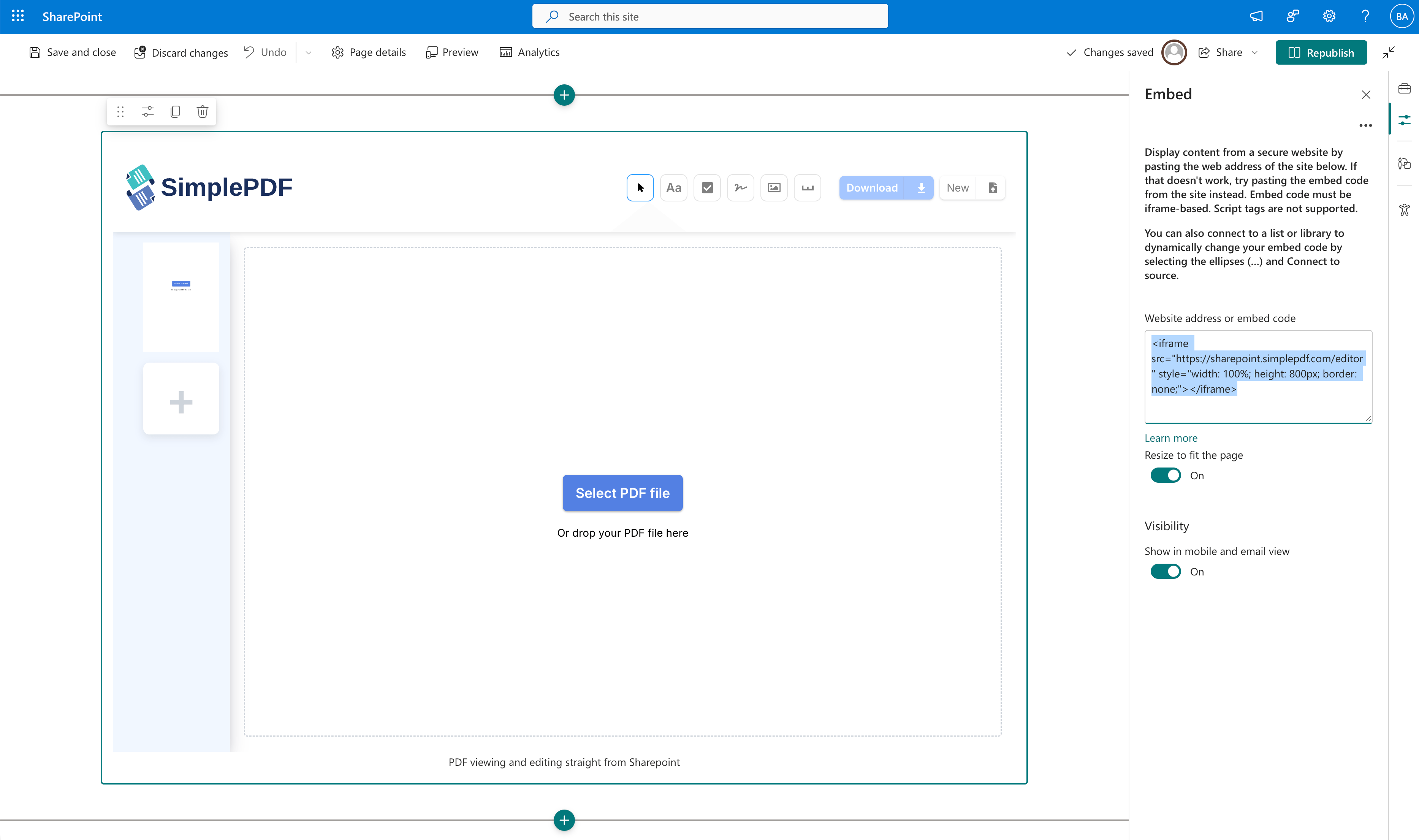Collage du code iframe SimplePDF dans le composant WebPart Incorporer