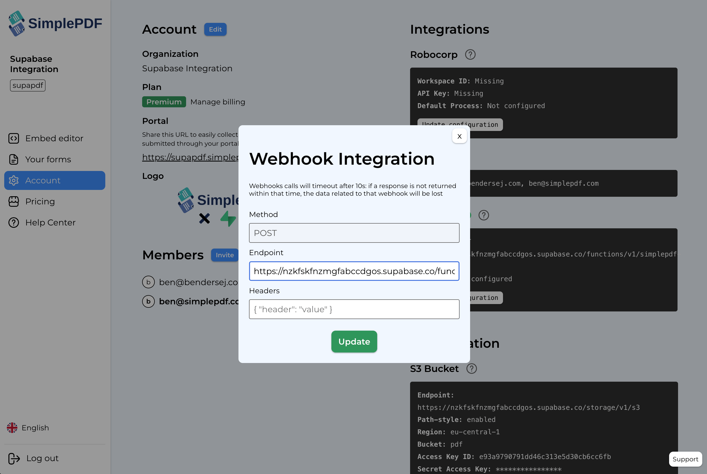 Configured webhooks in SimplePDF