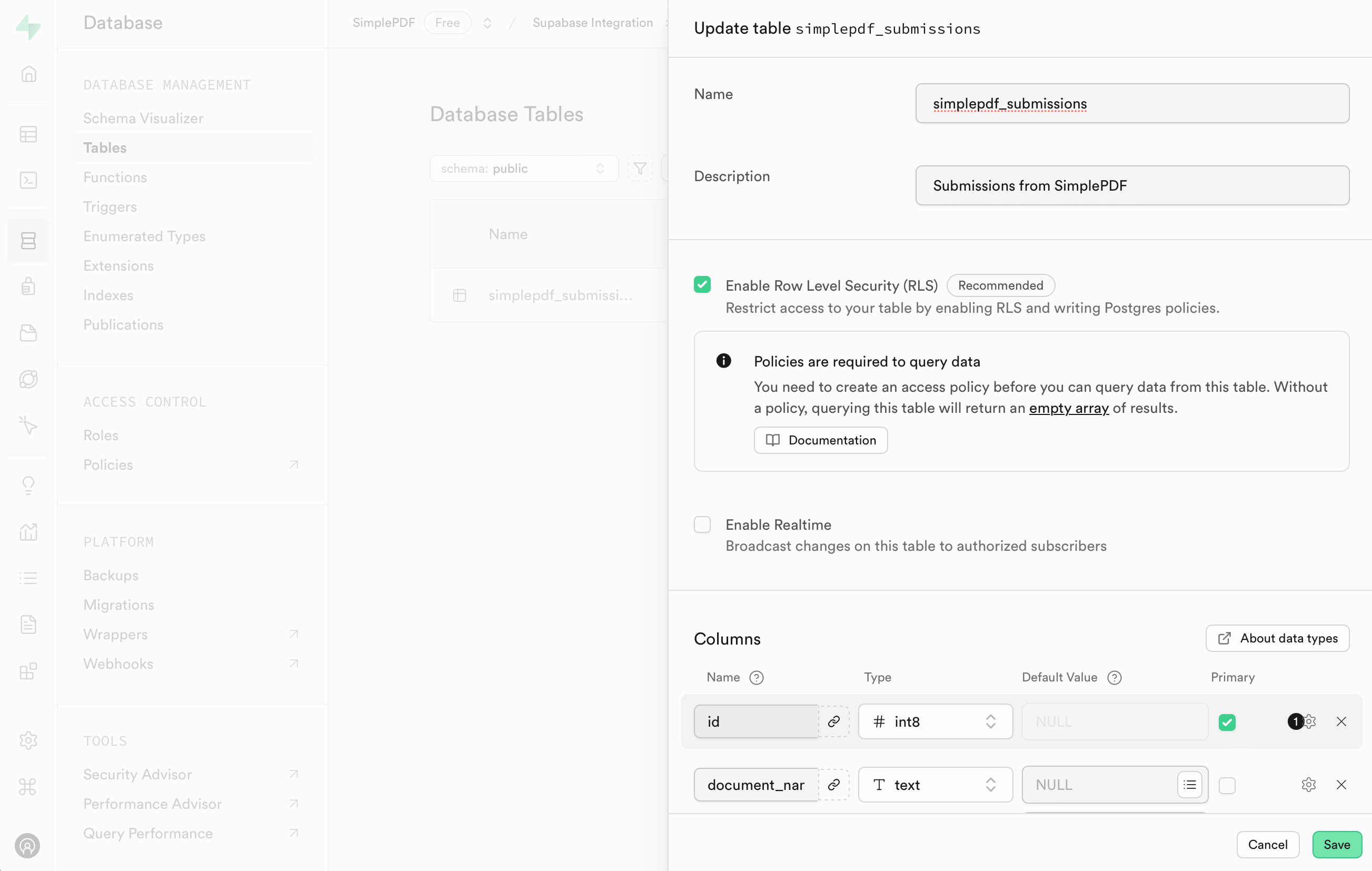 Created table in Supabase