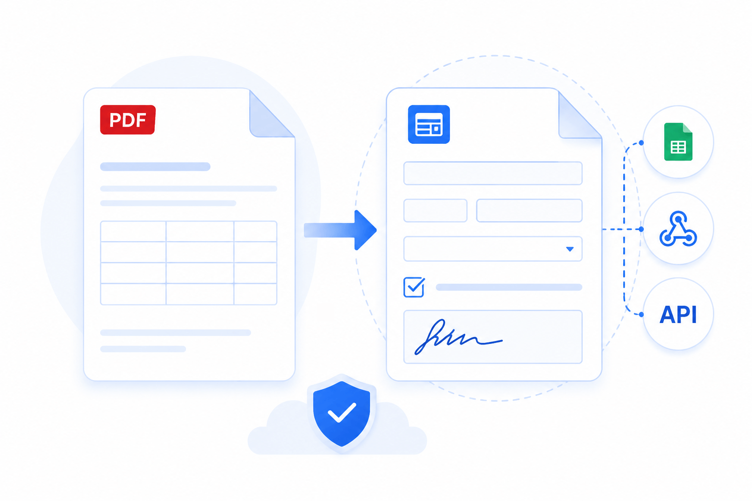 Transforme un PDF en un formulario rellenable con SimplePDF y envíe cada envío a Google Sheets, un webhook o la API