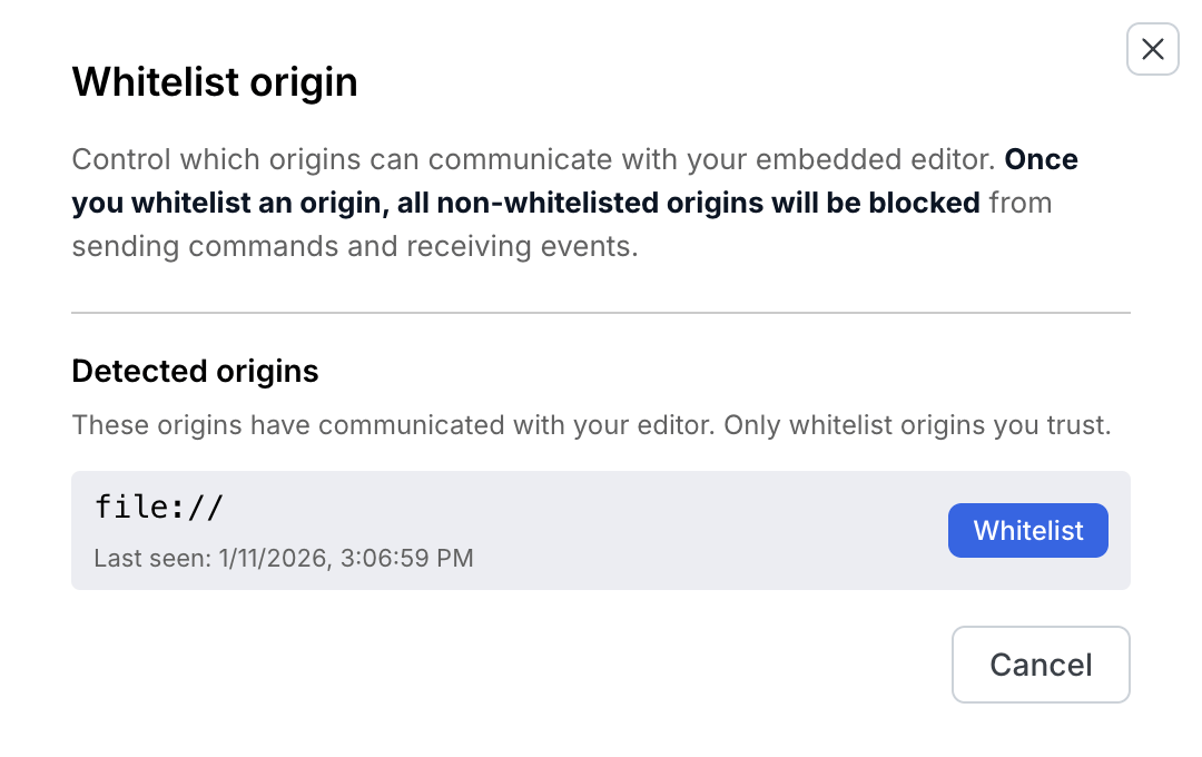 Whitelist-Origin-Dialog mit erkannten Origins und einer Whitelist-Aktion